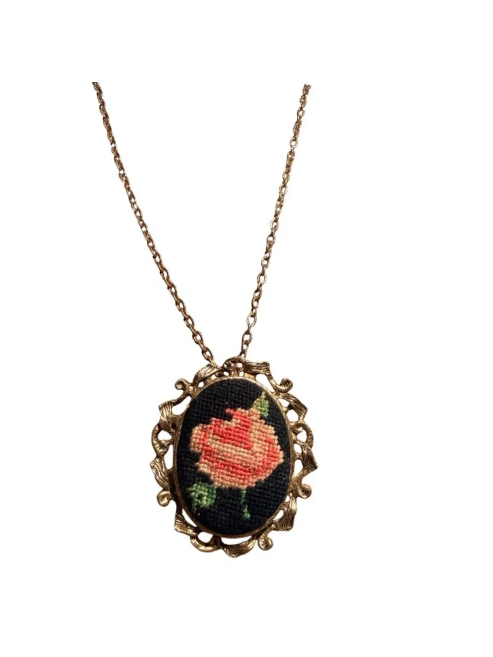 Vintage Needlepoint Rose Necklace Brooch Gold Tone Floral Convertible Pendant